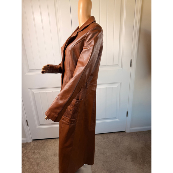 Vintage 70s Caramel Brown Genuine Leather Long Coat Women's Trench Retro 12 Edgy - Picture 12 of 16